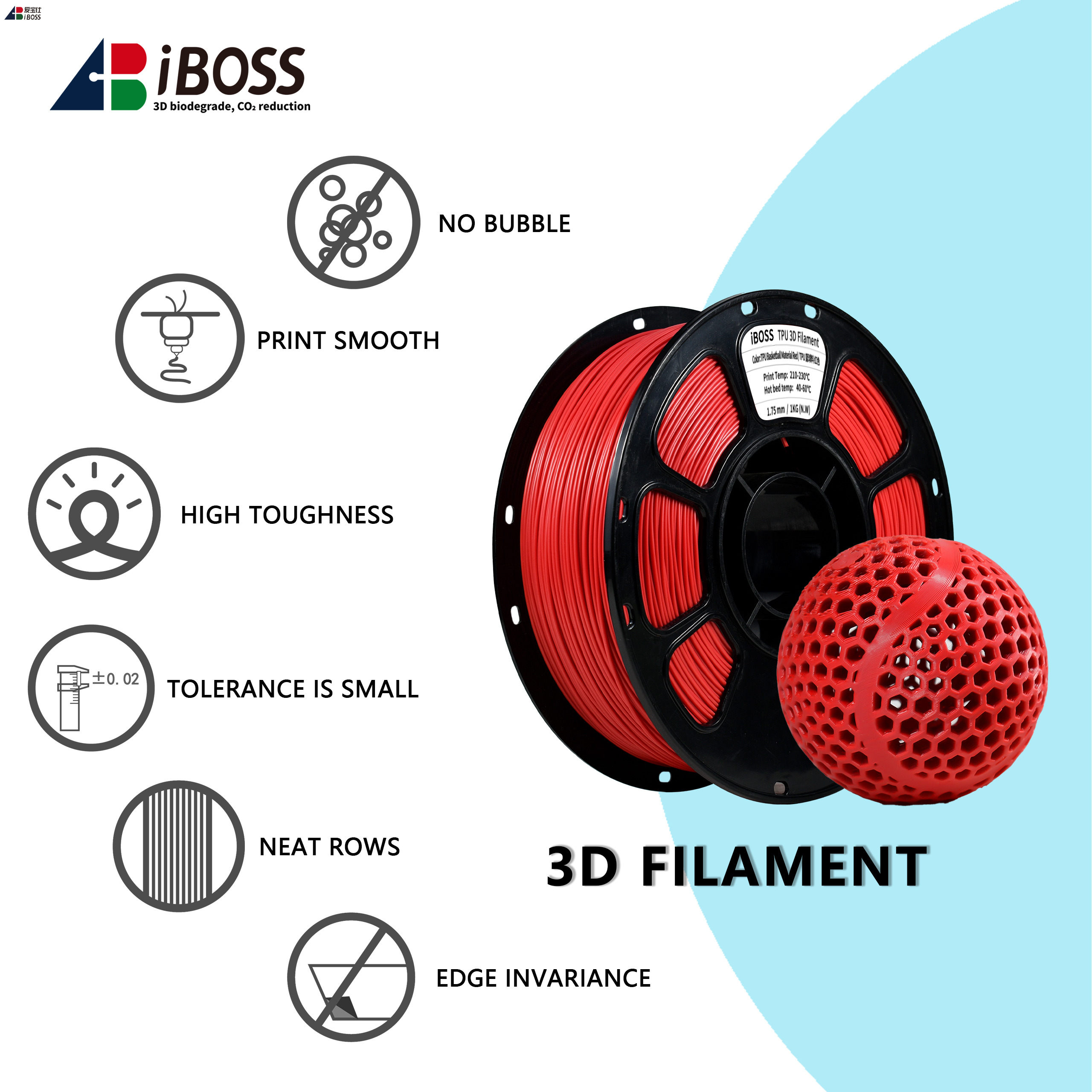 IBOSS 1.75mm/2.85mm TPU Filament 1000g Red TPU 95A 3d Printing Filament Insole Printing Filament