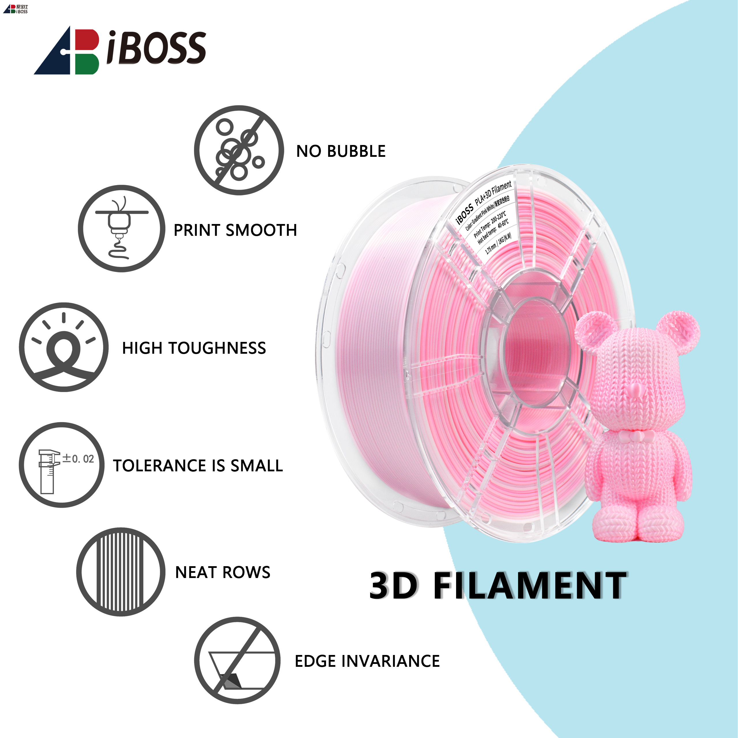 iBOSS 3D Printer Filament Gradient Dual color Pink White 100% Without Bubble 1.75MM PLA+ Filament