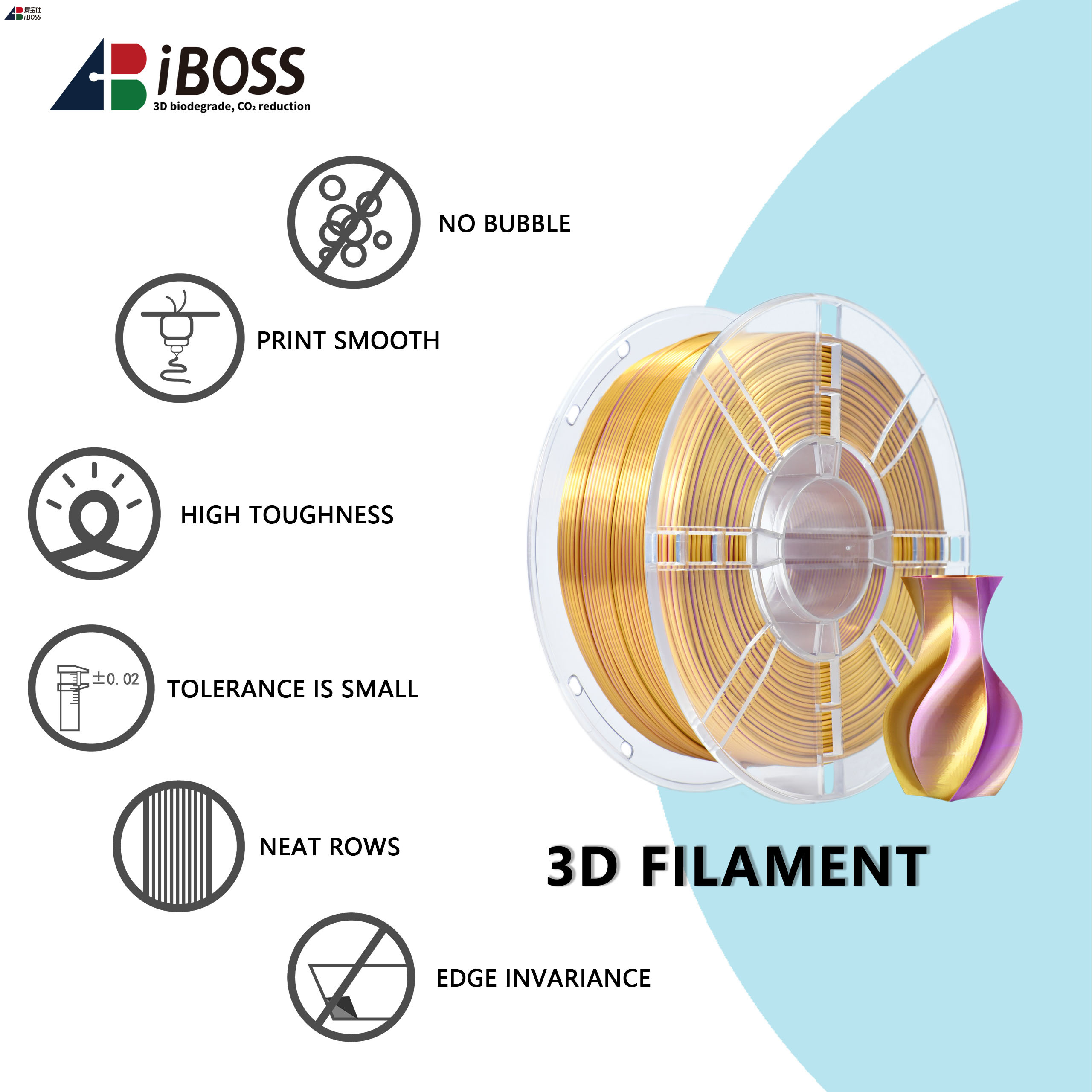 IBOSS No Color Bleeding Silk PLA Purple Gold Dual Color Filament 1.75MM 3D Printing Filament