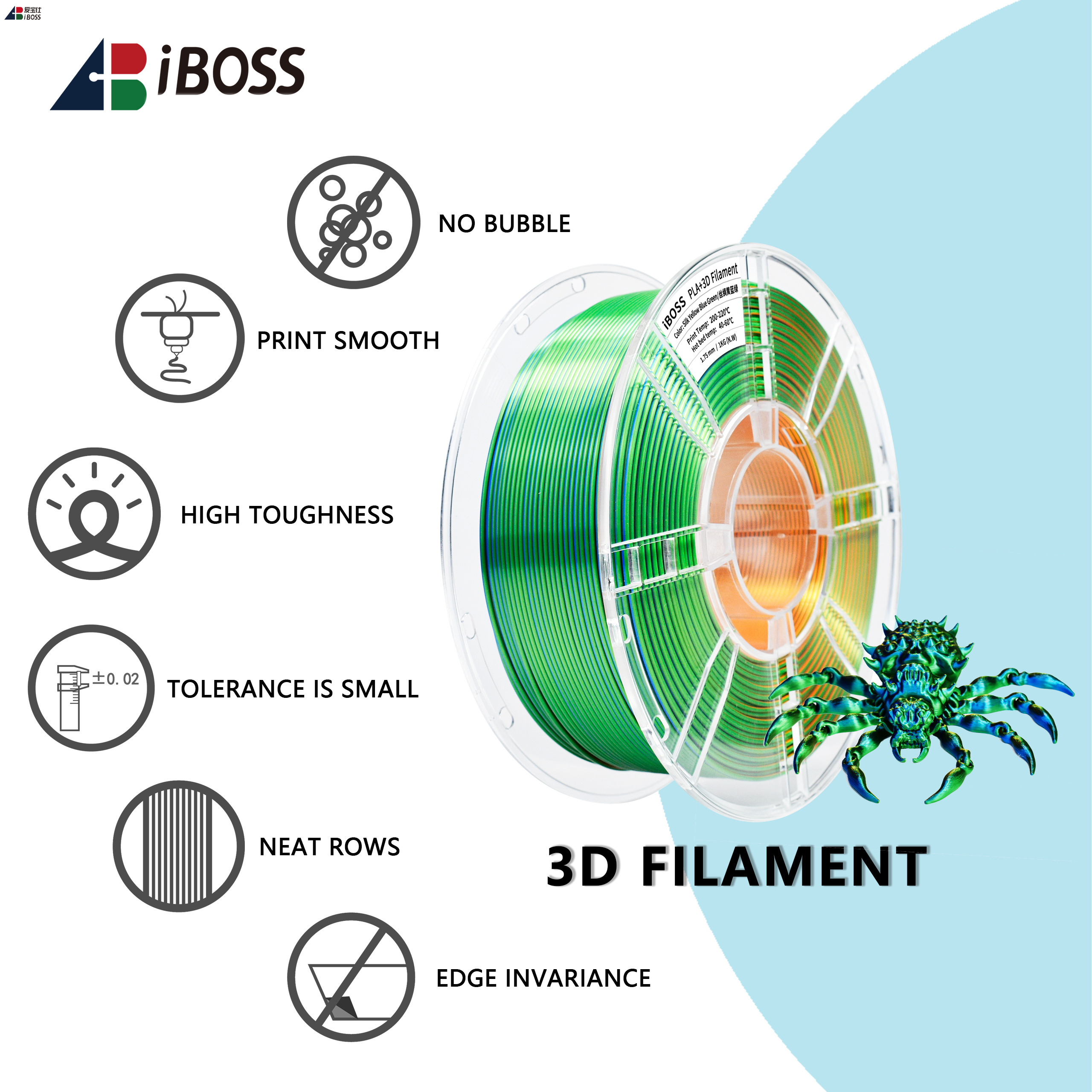 IBoss Pla Plus Silk Tri-color Filament 1.75mm 1kg for 3d Printer No Bubble PLA + 3d Printing Filament
