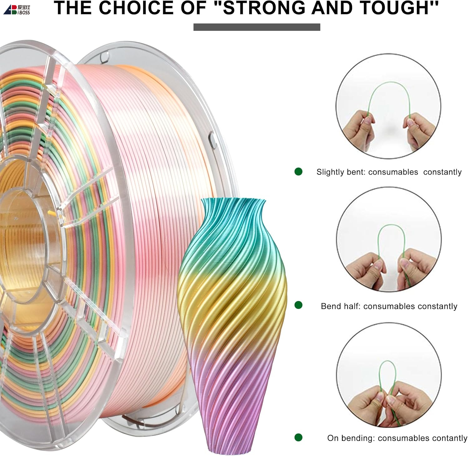 IBOSS High Quality PLA+Silk Rainbow Color Material 3D Printing Filament PLA Filament