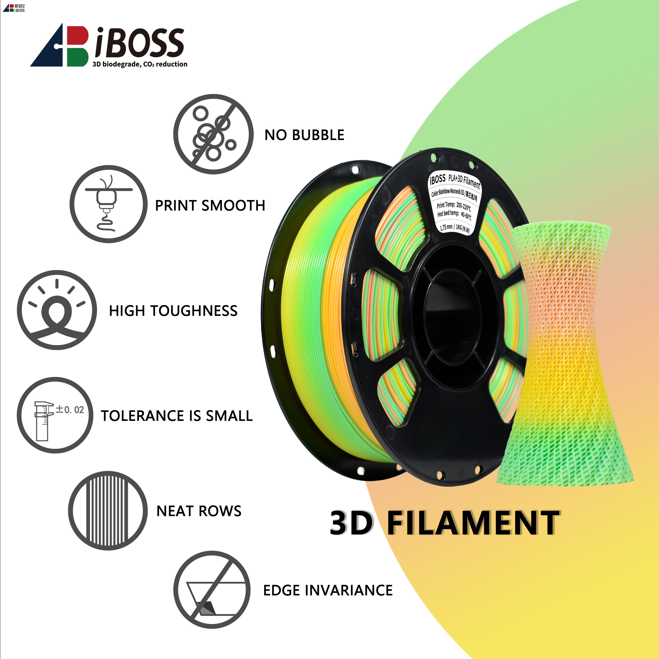 Iboss High Quality 1.75mm Rainbow Color Filament 1kg PLA+ Filament Decorative Rainbow 3D Printing Filament