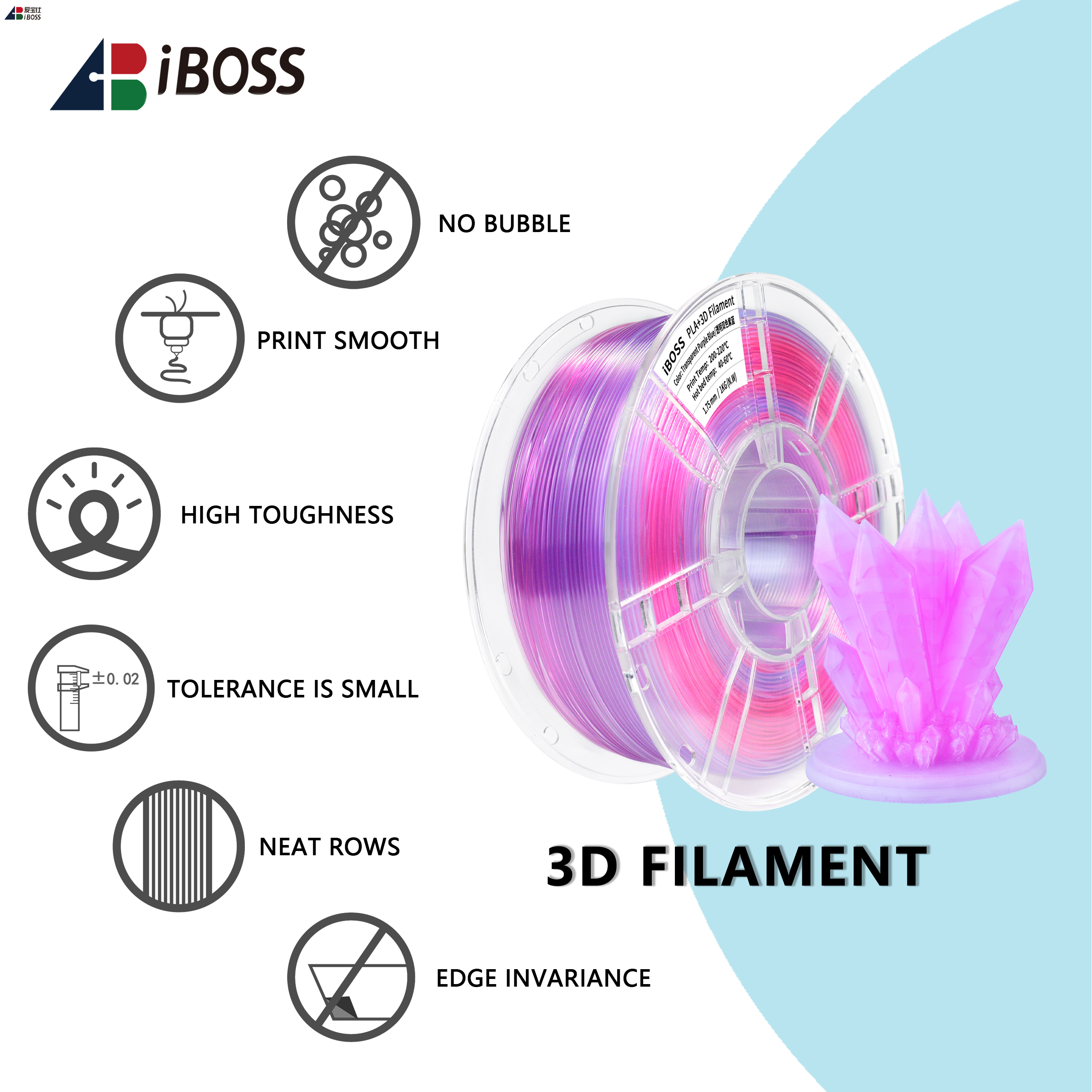 IBOSS 3d Printing Filament 1.75mm Transparent Gradient Dual Color Purple Blue 1000g PLA+ Filament