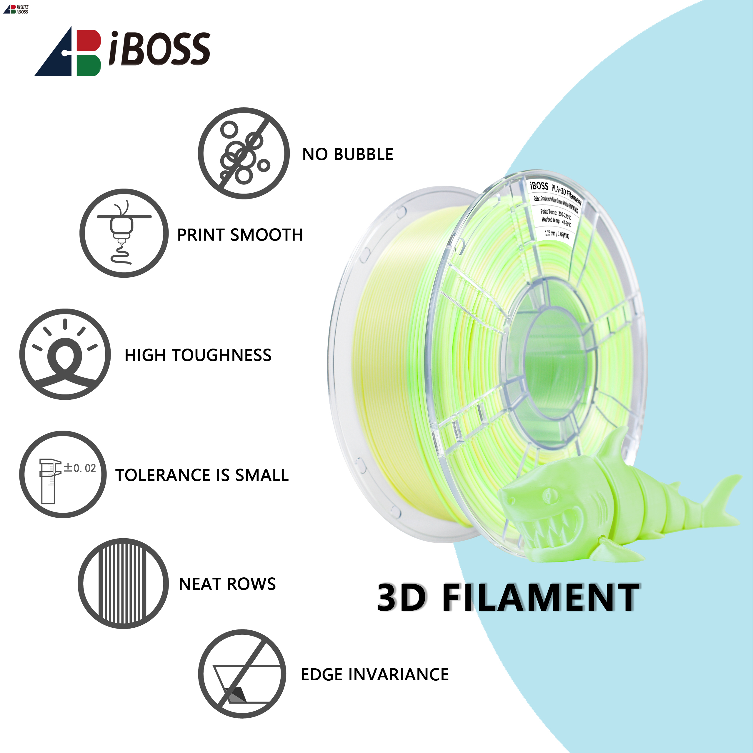 IBOSS PLA+ 3D Printer Filament 1.75mm Gradient Color Yellow Green White Multicolor PLA+ Filament 1kg /Spool for FDM 3D Printers