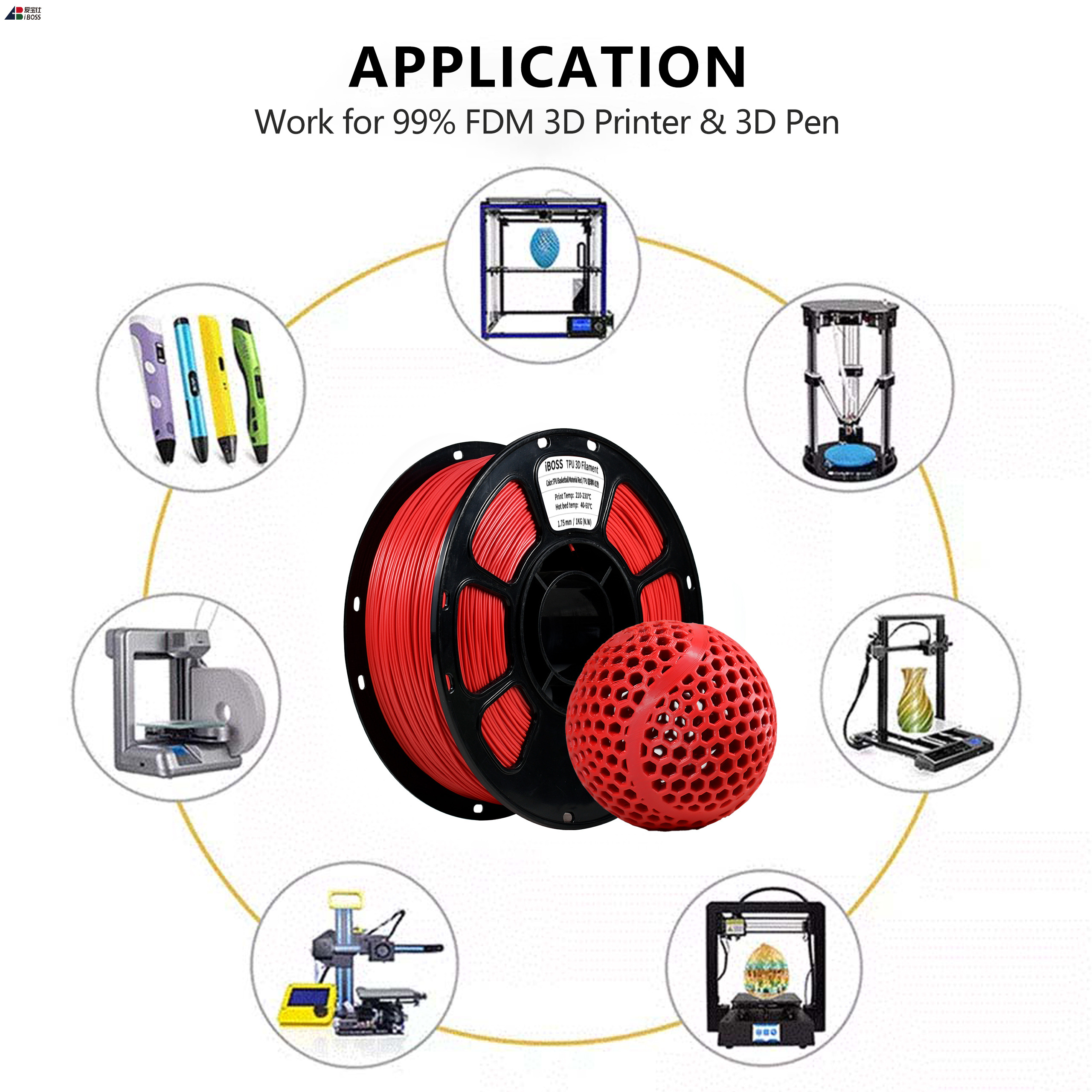 IBOSS 1.75mm/2.85mm TPU Filament 1000g Red TPU 95A 3d Printing Filament Insole Printing Filament
