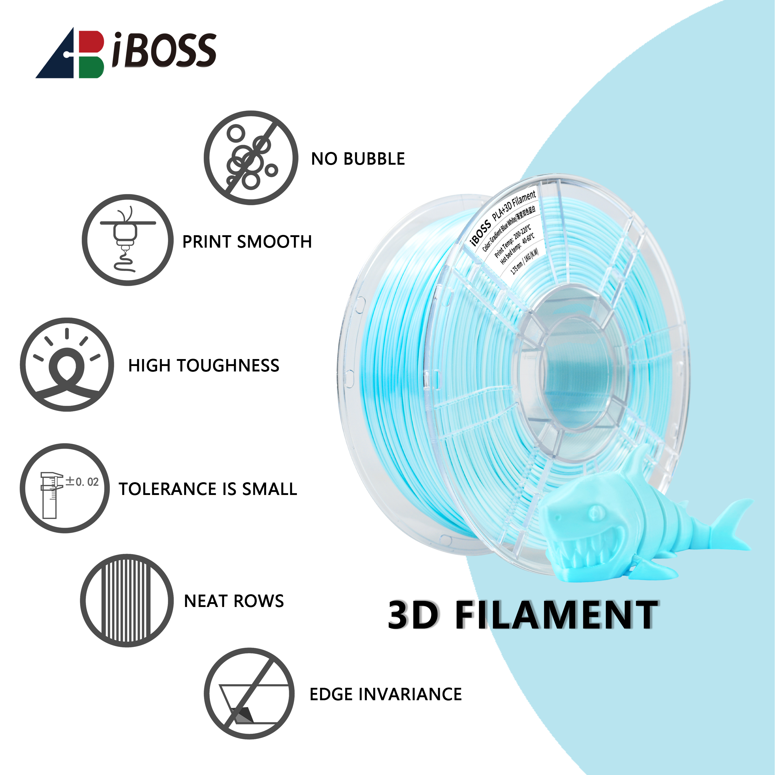 iBOSS 3D Printer Filament Gradient Dual Color Blue White 100% Without Bubble 1.75MM PLA+ Filament