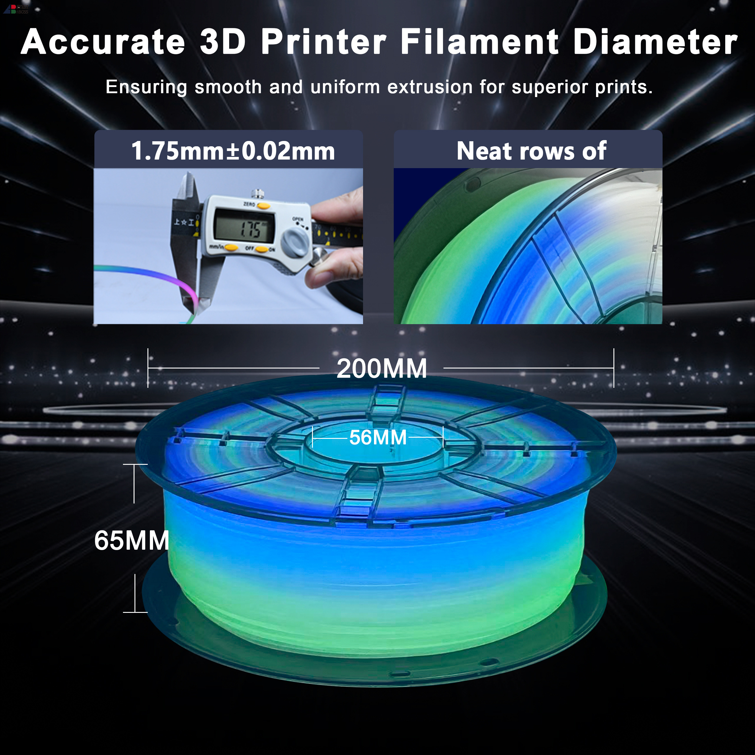 IBOSS Glow in the Dark PLA+ Filament, Noctilucent Rainbow 3 Neatly Wound Luminous PLA Plus 3D Printing Filament 1.75mm