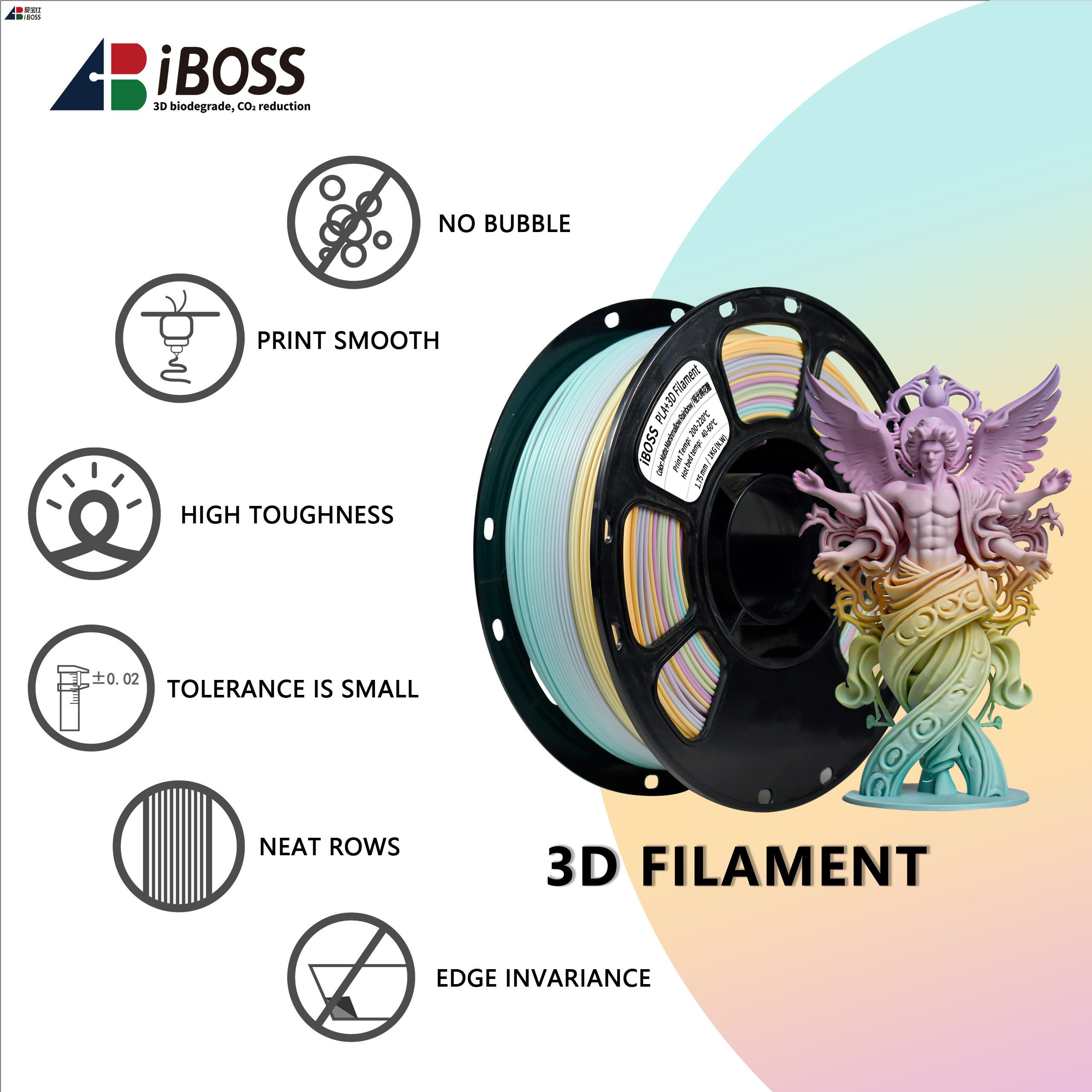 IBOSS 1.75mm PLA+ Filament 3D Printer 1kg Matte marshmallows Rainbow 1.75mm 1000g 3d Printing Filament