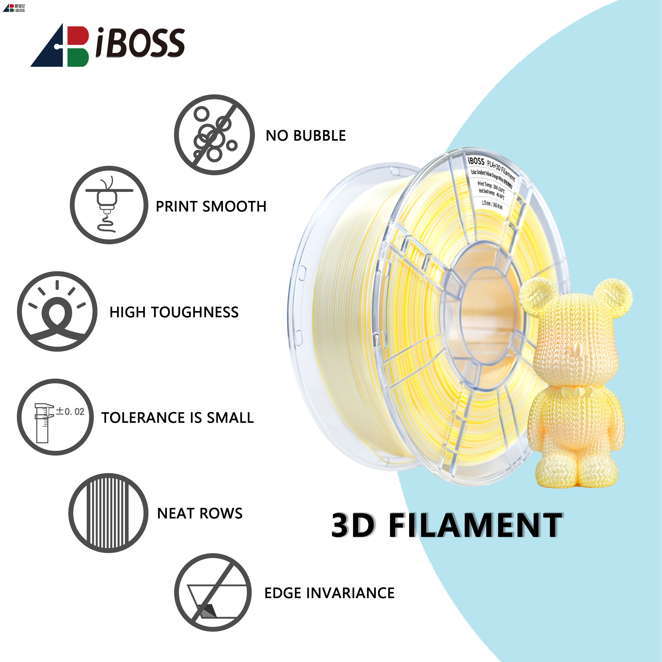 iBOSS High Strength PLA+ Filament Gradient Tri- Color Yellow Orange White ±0.02mm 3d Printing Filament
