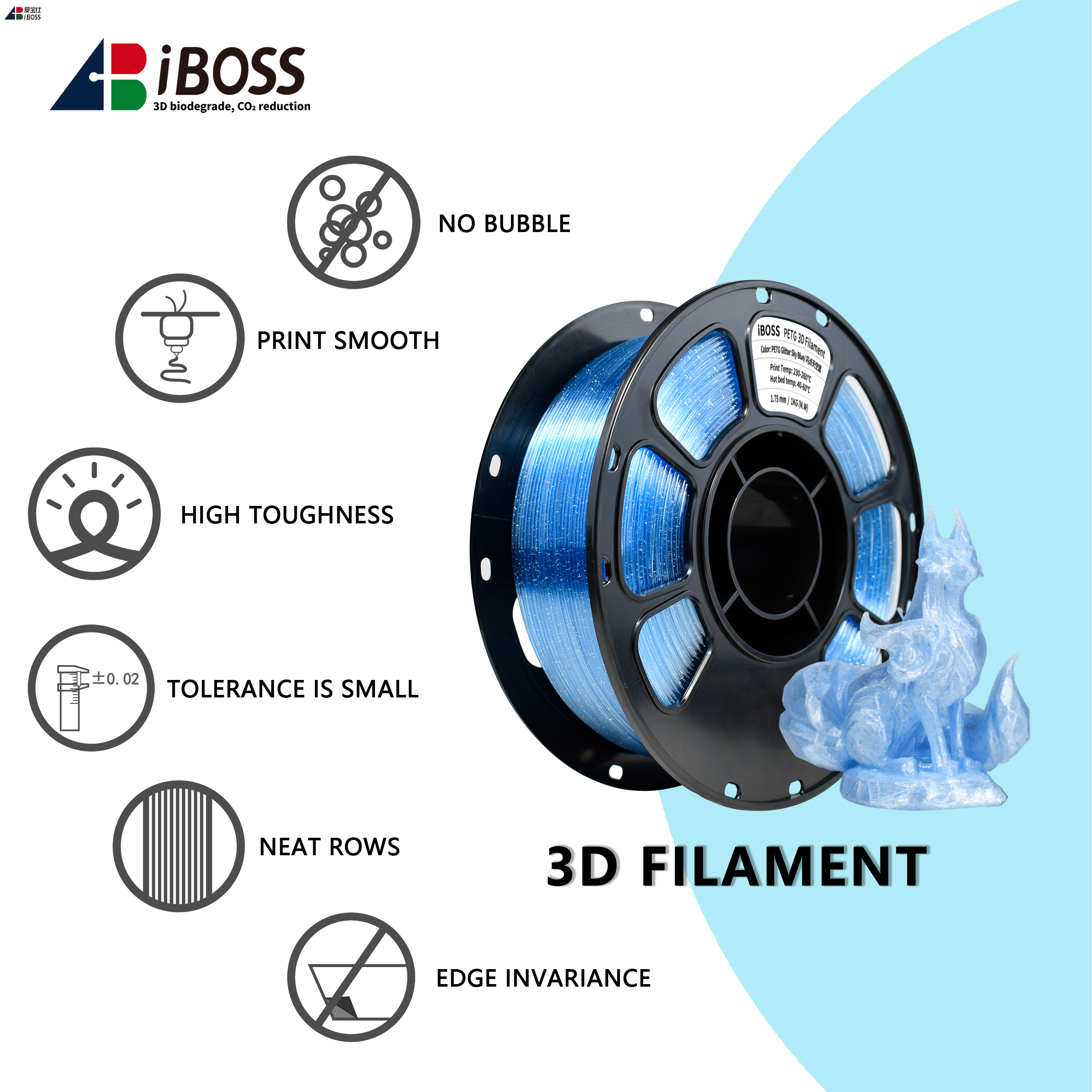 IBOSS 3d Printing Filament Flash Point Sky Blue Color PETG Filament 3D Printer Filament 1.75mm 1kg