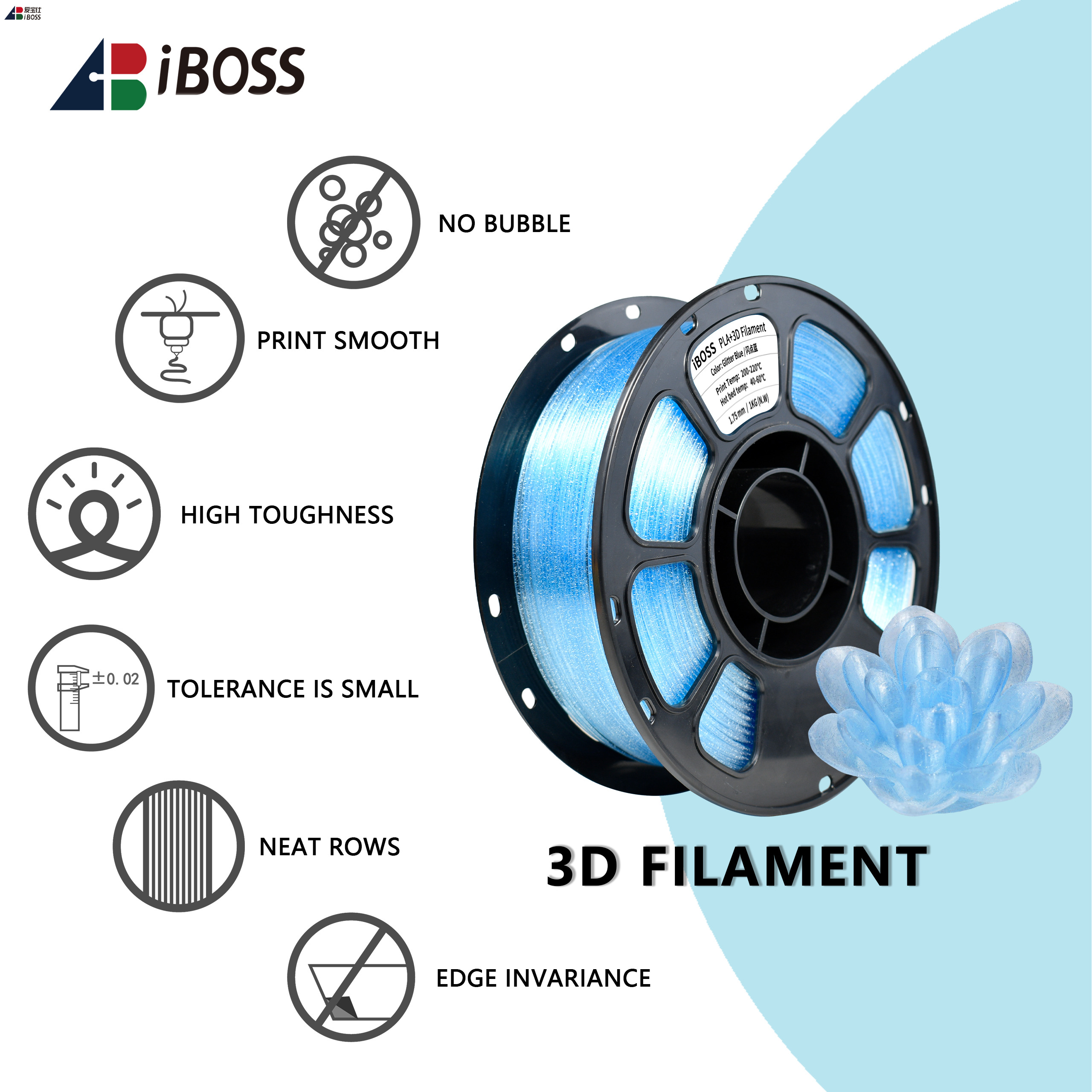 iBOSS High Strength 3D Printing Filament 1.75mm Glitter Blue PLA+ Filament FDM Forming Technology