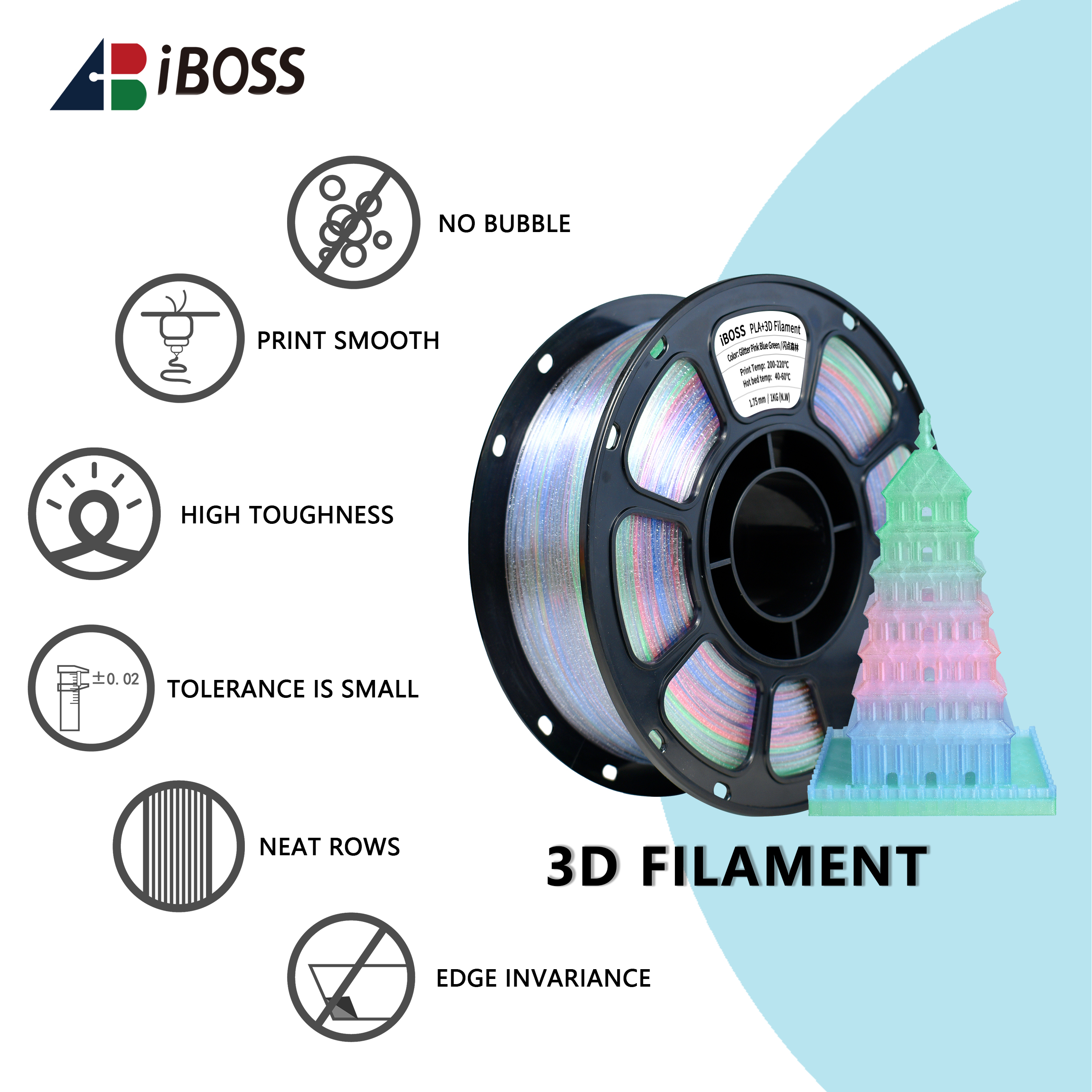 iBOSS High Strength 3D Printing Filament 1.75mm Glitter Rainbow PLA+ Filament 1000g