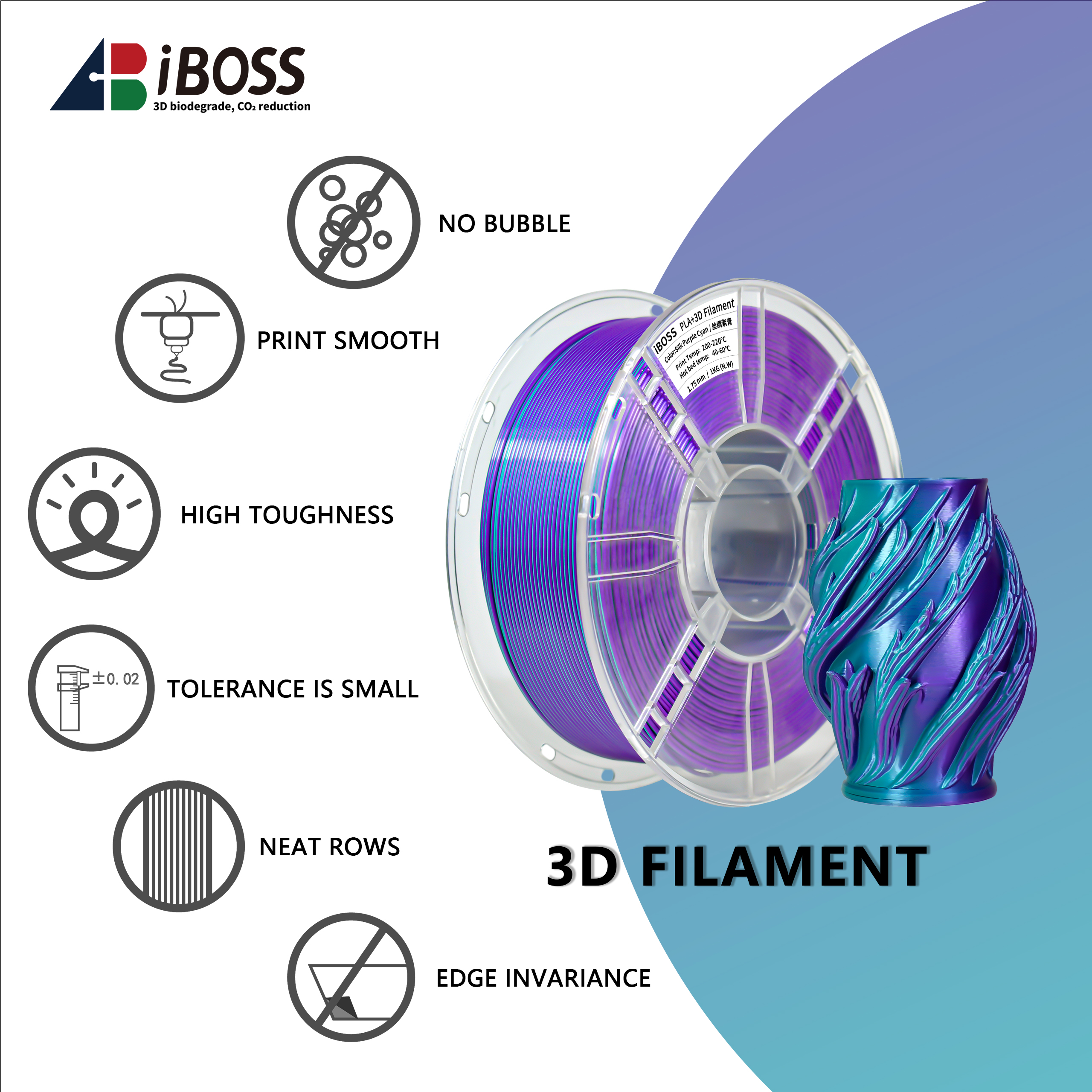 IBOSS 3D PLA+ Silk Dual Color Filament Environmentally Friendly PLA Silk Purple Cyan 3D Filament 1.75mm PLA 3D Printer Filament