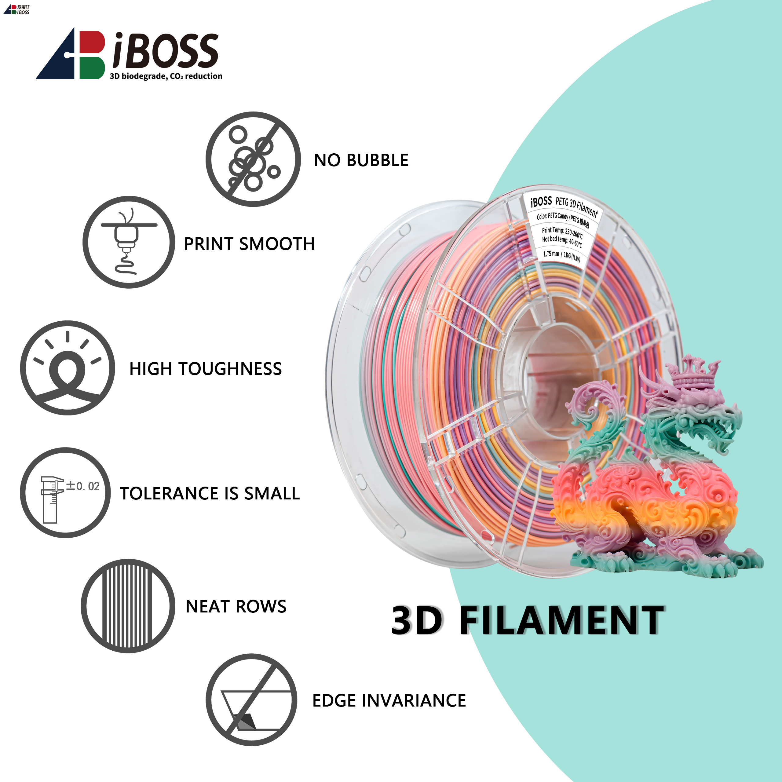Iboss PETG Filament Toughness Enhanced Candy Rainbow Color 1.75mm 3D Printer Filament