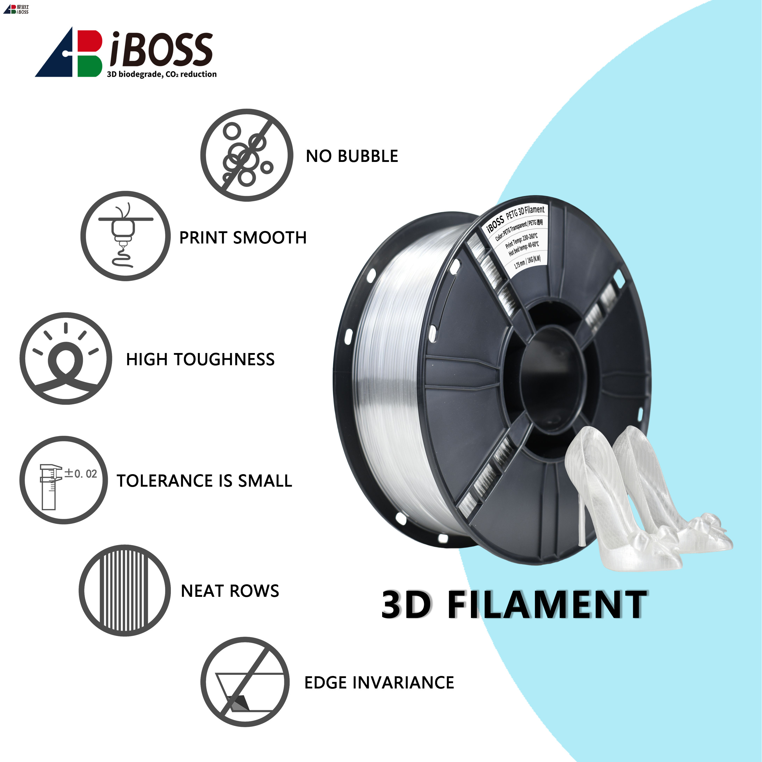 Iboss Factory Direct 1kg PETG Filament 1.75mm PETG Transparent Color FDM 3D Printer Filament